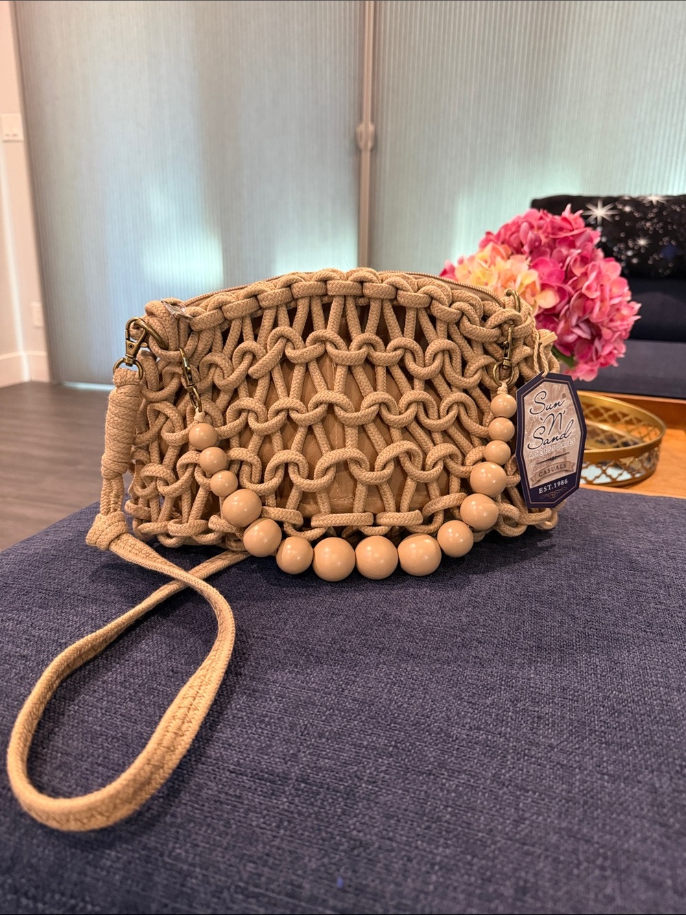 Sun & Sand Beige Macramé Crossbody Bag with Bead Accent